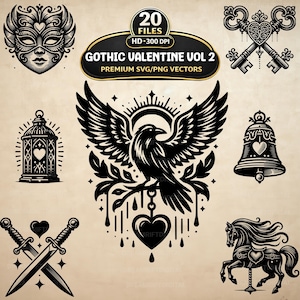 May include: Black and white vector illustrations with a gothic theme. Includes a mask, crossed keys, a raven with a heart, a bell, a lantern, crossed swords, and a carousel horse. The text reads "GOTHIC VALENTINE VOL 2 PREMIUM SVG/PNG VECTORS".