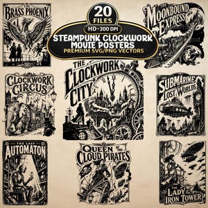 Puede incluir: Una colección de 20 diseños de carteles de películas steampunk en blanco y negro en formatos SVG y PNG. Los gráficos presentan ilustraciones detalladas de temas mecánicos, incluyendo un fénix, un tren, un circo, una ciudad y dirigibles.