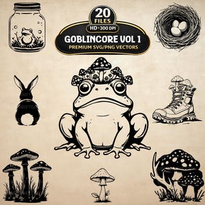Goblincore SVG PNG-paket, 20 Cottagecore Forest Clipart, svamp-, groda- och snigelkonst för POD, Cricut, sublimering, scrapbooking och hantverk