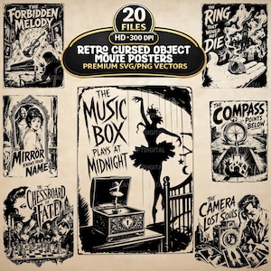 May include: A collection of 20 black and white digital movie posters featuring retro cursed objects. Titles include The Forbidden Melody, The Ring That Would Not Die, The Mirror Knows Your Name, The Music Box Plays At Midnight, The Compass Points Below, The Chessboard Of Fate, and The Camera Of Lost Souls.