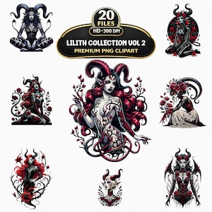 May include: Digital artwork collection featuring illustrations of Lilith, a mythological figure. The images depict Lilith with horns, tattoos, and floral elements in various poses. The colour palette includes red, black, and white, with the text "LILITH COLLECTION VOL 2 PREMIUM PNG CLIPART".