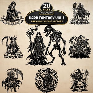 May include: A collection of 20 black and white digital illustrations titled Dark Fantasy Vol 1 Premium SVG/PNG Vectors. The graphics feature various dark fantasy characters including hooded figures, skeletons, a plague doctor, and skulls.