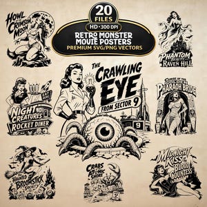 May include: A collection of 20 black and white retro monster movie poster designs featuring various horror and sci-fi themes. The graphics include titles like Howl of the Crimson Moon, The Crawling Eye, and Phantom Beauty of Raven Hill.