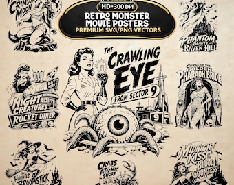Retro Monster Movie Posters SVG PNG, 20 Vintage Horror Clipart, Sci-Fi Art (Digital Download)