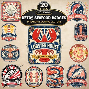 Op de afbeelding: Een verzameling van 20 retro zeevruchtenbadges met illustraties van een kreeft, schelp, zalm, vuurtoren, inktvis, haring, garnaal, zwaardvis, zeepaardje, aal en tonijn met teksten zoals Lobster House en Wild Salmon Co. in rood, blauw en crème.