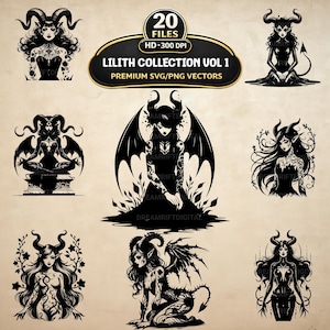 May include: A collection of black and white illustrations featuring Lilith, with horned figures and demonic imagery. The designs include various poses, wings, and floral elements. The text reads "LILITH COLLECTION VOL 1 PREMIUM SVG/PNG VECTORS".
