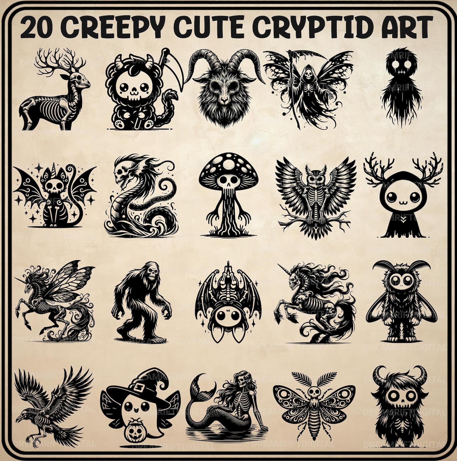 Cute Rake Cryptid Creepy Cute Cryptid SVG PNG Bundle, 20 Kawaii Gothic Vector Clipart ...