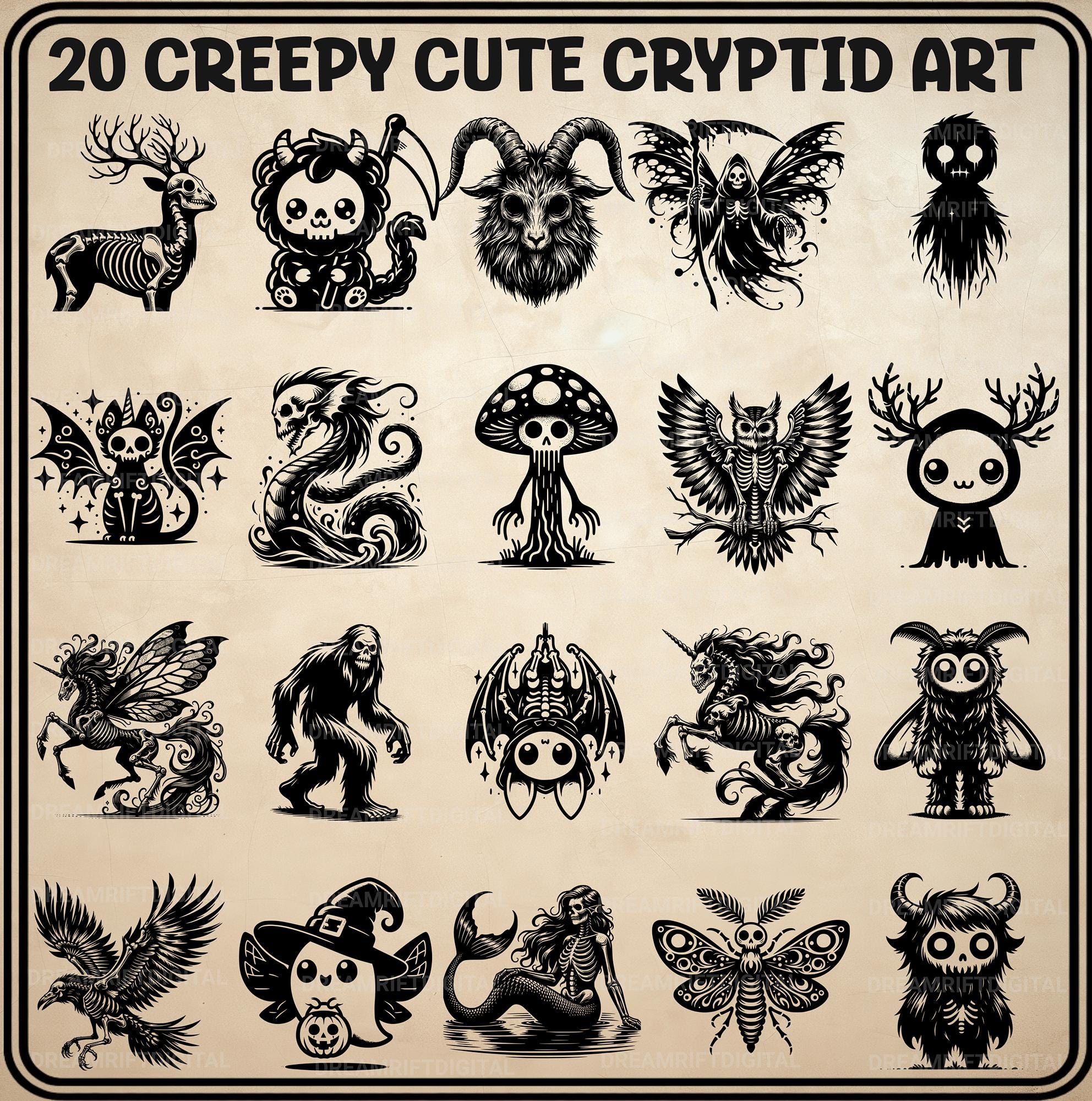 Creepy Cute Cryptid SVG PNG Bundle, 20 Kawaii Gothic Vector Clipart ...