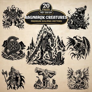 Ragnarök varelser SVG PNG-paket, 20 nordisk mytologi Clipart, fantasy vikingakonst (digital nedladdning)