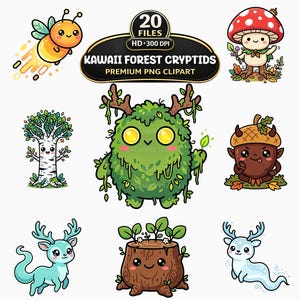 Op de afbeelding: Een verzameling Kawaii Forest Cryptids PNG-clipart. De afbeelding toont een verscheidenheid aan schattige, cartoonachtige boswezens, waaronder een bij, paddenstoel, boom en hert. Het kleurenpalet is helder en vrolijk, met een focus op groen, bruin en blauw.