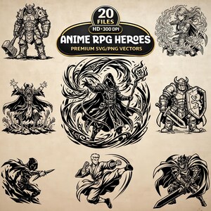 Puede incluir: Una colección de ilustraciones digitales en blanco y negro con varios personajes de fantasía estilo anime, incluyendo caballeros con armadura, magos y artistas marciales, con el texto ANIME RPG HEROES 20 FILES HD 300 DPI PREMIUM SVG/PNG VECTORS.
