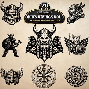 May include: A collection of black and white vector illustrations featuring Viking-themed imagery, including a skull in a horned helmet, a bearded warrior with ravens, a shield-bearing fighter, a winged helmet, a compass, and a wolf head.