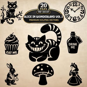 Alice in Wonderland Vol2 SVG PNG Bundle, 20 Classic Fantasy Literature Vectors (Digital Download)