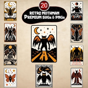 Puede incluir: Una colección de 20 diseños retro de Mothman en formato PNG y SVG. Las ilustraciones presentan a la criatura Mothman en varias poses, con una paleta de colores negro, naranja y crema. Cada diseño incluye una luna y estrellas.