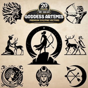 May include: Black and white vector graphics featuring the goddess Artemis with a bow and arrow, deer, and other related imagery. The text "Goddess Artemis Premium SVG/PNG Vectors" is also included.