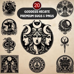 May include: A collection of 20 black and white illustrations featuring the Goddess Hecate. Designs include a three-faced woman, a dog, a key, a snake, wolves, and other mystical symbols. The text "Goddess Hecate Premium Sugs & PNGs" is displayed.