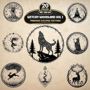 May include: A set of 20 Witchy Woodland Vol 1 premium SVG/PNG vector designs. The black and white illustrations feature a howling wolf, a dancing figure, a rabbit, a deer, a tree, a castle, and a wizard, all within circular frames.