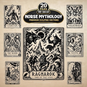 Può includere: Una collezione di 20 illustrazioni digitali in bianco e nero a tema mitologia norrena, tra cui Surtur, Valchirie, le Norne, Sigyn, l'esercito di Helheim e il Ragnarök. Ogni grafica rettangolare contiene disegni a linee dettagliati e testi.