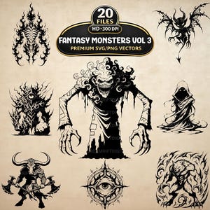 Puede incluir: Una colección de arte digital titulada "Fantasy Monsters Vol 3" con varias ilustraciones de monstruos en blanco y negro. La colección incluye una variedad de criaturas, como demonios, hombres lobo y otras figuras de fantasía. La imagen también incluye el texto "20 FILES HD 300 DPI PREMIUM SVG/PNG VECTORS".