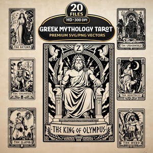 Könnte beinhalten: Eine Sammlung von schwarz-weißen Tarotkarten-Illustrationen zur griechischen Mythologie mit Figuren wie The King of Olympus, The Underworld, The Return, The Champion, The Huntress, The Slayer und The Hero, jeweils mit beschrifteten Texten.