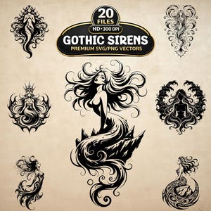 Könnte beinhalten: Eine Sammlung von sieben schwarz-weißen digitalen Illustrationen von Sirenen mit fließendem Haar und aquatischen Schwänzen. Ein zentrales Abzeichen oben enthält den Text 20 FILES HD 300 DPI GOTHIC SIRENS PREMIUM SVG/PNG VECTORS in Weiß und Gold.