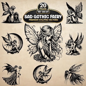 Peut inclure: Une collection d'illustrations numériques en noir et blanc représentant des fées gothiques tristes dans diverses poses, assises sur un croissant de lune, tenant une rose ou près d'une pierre tombale, avec le texte 20 FILES HD 300 DPI SAD GOTHIC FAIRY.