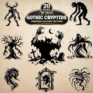 Op de afbeelding: Een verzameling zwarte Gothic Cryptids vectorafbeeldingen. De ontwerpen omvatten verschillende monsters, wezens en silhouetten, zoals een hertachtig figuur, een boomachtig monster, een spin en een vleugeldemon. De tekst "GOTHIC CRYPTIDS PREMIUM SVG/PNG VECTORS" is ook opgenomen.