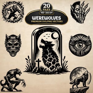 Werewolf SVG PNG Bundle, 20 Dark Gothic Clipart, Vintage Wolfman Vector Clipart (Digital Download)