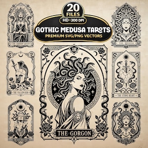 May include: A collection of black and white digital illustrations featuring Medusa and gothic tarot card designs. The text reads 20 FILES HD 300 DPI GOTHIC MEDUSA TAROTS PREMIUM SVG/PNG VECTORS, THE SERPENT QUEEN, THE MEDUSA, THE FALLEN HERO, THE STONE HEART, THE GORGON, THE RESURRECTION, and THE ETERNAL MEDUSA.