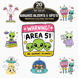 Kawaii Alien & Ufo SVG PNG Bundle, Extraterrestrial Clipart, Hand Drawn Style Art (Digital Download)