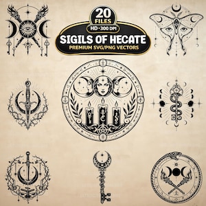 May include: A collection of black and white sigils and symbols, including a moth, keys, daggers, and a central design with a woman's face, crescent moons, and candles. The text "SIGILS OF HECATE" is displayed above the designs.