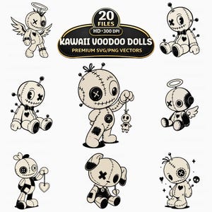 May include: A collection of 20 digital vector illustrations featuring cartoon voodoo dolls with stitched details, button eyes, and pins. The central text reads 20 FILES HD 300 DPI KAWAII VOODOO DOLLS PREMIUM SVG/PNG VECTORS, showcasing various doll poses.