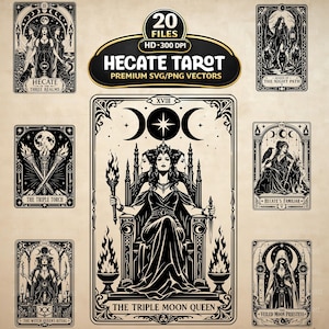 May include: A collection of black and white digital illustrations featuring Hecate tarot card designs. The set includes various cards with intricate borders, figures, torches, and moon symbols, labeled with text such as Hecate of the Three Realms.