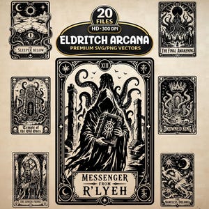 May include: A collection of black and white digital illustrations featuring tarot-style cards with occult themes. The central card depicts a hooded figure holding a book with an eye symbol, labeled Messenger from R'lyeh, surrounded by tentacles.