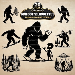 Bigfoot SVG PNG-bundel, 20 Sasquatch-silhouet, Cryptid Vectorkunst voor Cricut (digitale download)