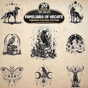 May include: A collection of black and white vector illustrations featuring mystical creatures and symbols. Designs include a wolf, raven, fox, deer, and moth, with crescent moons, stars, and books. The text reads "FAMILIARS OF HECATE".