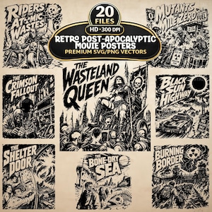Pack d'affiches de films post-apocalyptiques rétro (SVG, PNG), 20 images clipart de terres désolées atomiques (téléchargement numérique)