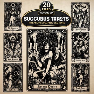 Könnte beinhalten: Eine Sammlung von 20 digitalen Dateien mit dem Titel Succubus Tarots, die schwarz-weiße Illustrationen von geflügelten Figuren in verzierten Rahmen zeigen. Jede Karte trägt einen einzigartigen Titel wie The Temptress, Blood Moon, Soul Harvest und Arcane Desire.