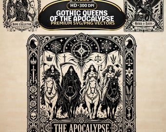 Op de afbeelding: Een digitale collectie van 20 Gothic Queens of the Apocalypse SVG- en PNG-vectorbestanden. De hoofdafbeelding toont vier figuren te paard met kronen, zwaarden en weegschalen, met het opschrift The Apocalypse, The End Is The Beginning.