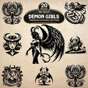 Peut inclure: Une collection d'illustrations numériques en noir et blanc représentant diverses créatures féminines démoniaques avec des cornes, des ailes et des queues. Le texte central indique 20 FILES HD 300 DPI DEMON GIRLS PREMIUM SVG/PNG VECTORS.