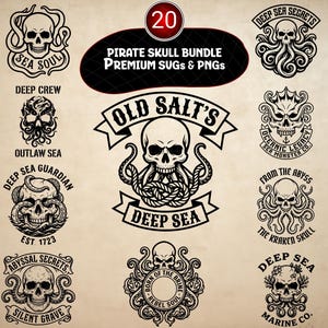 May include: A collection of 10 black and white pirate skull designs with nautical themes. The designs include skulls with tentacles, rope, and text such as "Sea Soul", "Deep Sea", and "Old Salt's". The image also includes the text "Pirate Skull Bundle".