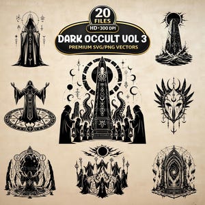 May include: A collection of black and white digital illustrations featuring occult themes, including hooded figures, obelisks, ritual circles, and celestial symbols. The central header text reads 20 FILES HD 300 DPI DARK OCCULT VOL 3 PREMIUM SVG/PNG VECTORS.