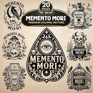 May include: A collection of black and white digital vector illustrations featuring Memento Mori themes. Designs include skulls, ravens, snakes, mushrooms, a cauldron, a coffin, and a planchette, all decorated with floral and celestial motifs.