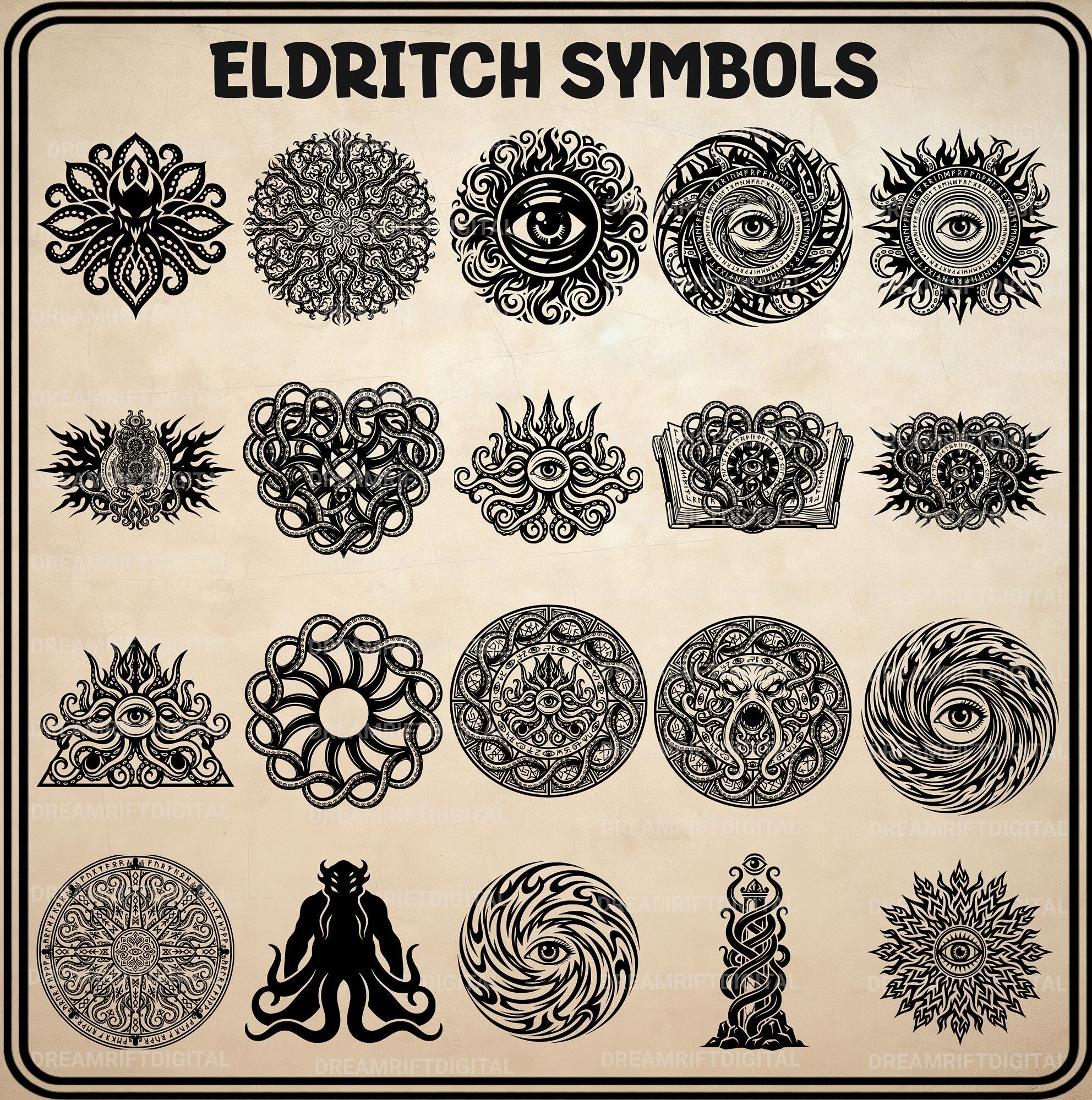 Eldritch Patterns Eldritch Symbols SVG PNG Bundle, 20 Occult Lovecraft Style Gothic ...