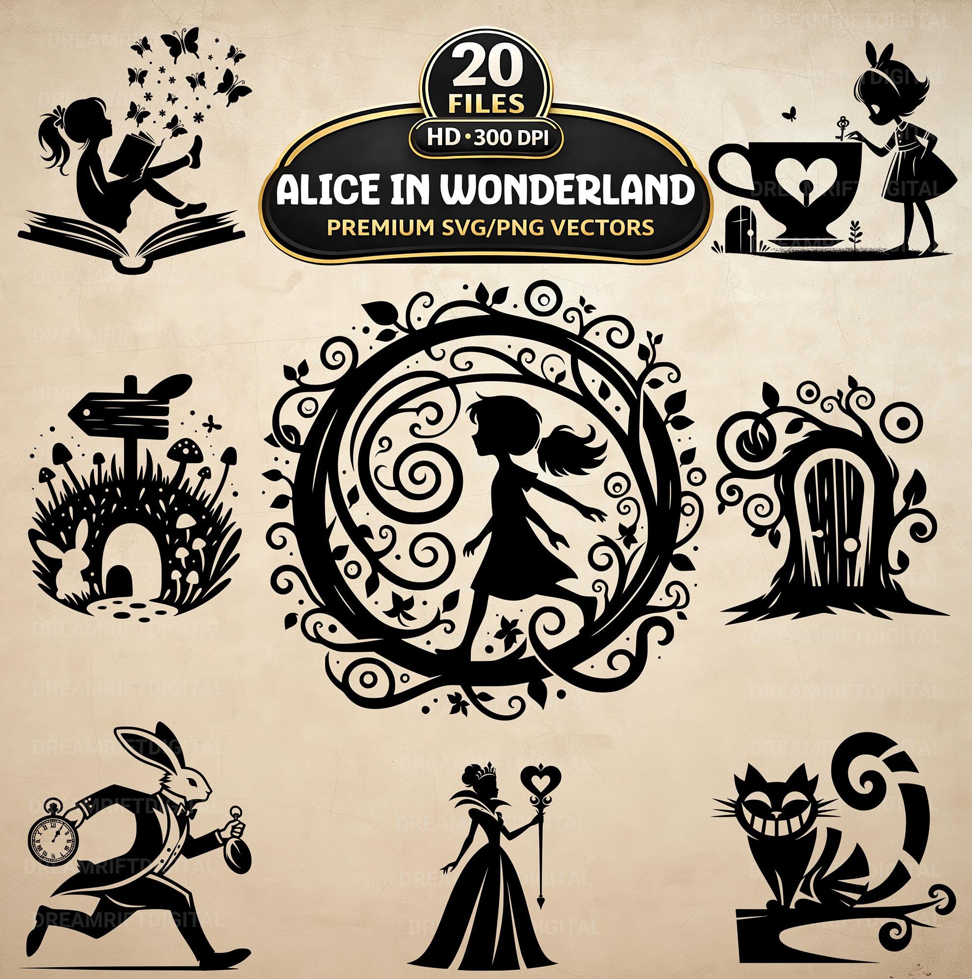 Alice Vector Alice in Wonderland SVG PNG Bundle, 20 Classic Fantasy Literature ...