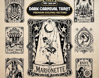Dark Carnival Tarot SVG PNG Bundle, 20 Gothic Circus Clipart, Vintage Graphics (Digital Download)