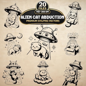 Alien Cat Abduction SVG PNG Bundle, 20 Kawaii UFO Space Kitten Clipart (Digital Download)