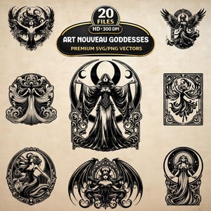 May include: A collection of 20 black and white digital illustrations featuring various goddess figures in ornate frames. The central text reads 20 FILES HD 300 DPI ART NOUVEAU GODDESSES PREMIUM SVG/PNG VECTORS, showcasing intricate line work and motifs.