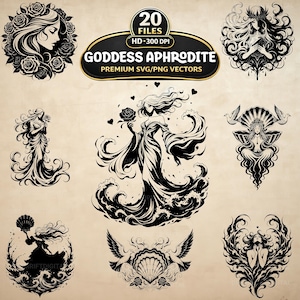 May include: A selection of black and white Goddess Aphrodite SVG and PNG vector graphics. The designs feature illustrations of the goddess with roses, doves, and ocean waves. The image includes the text "Goddess Aphrodite Premium SVG/PNG Vectors".