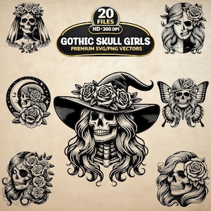 Può includere: Una collezione di 20 illustrazioni vettoriali digitali in bianco e nero raffiguranti ragazze teschio gotiche con rose, ali di farfalla e cappelli da strega. Il testo centrale recita 20 FILES HD 300 DPI GOTHIC SKULL GIRLS PREMIUM SVG/PNG VECTORS.